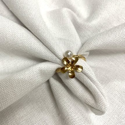 Anel Aberto Flor com Mini Pérola Dourado