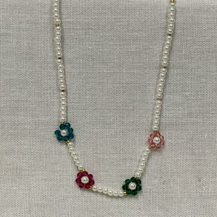 Colar Pérolas Com Flores De Cristal